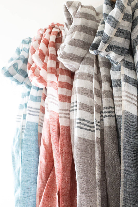 Hand Loomed Linen Scarf - Denim Blue Stripes